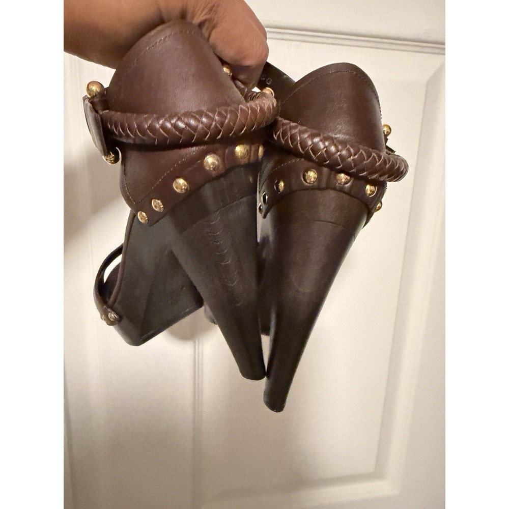 Ralph Lauren Collection Purple Label Timila Leather Sandals Chunky Heels Brown - Picture 4 of 10
